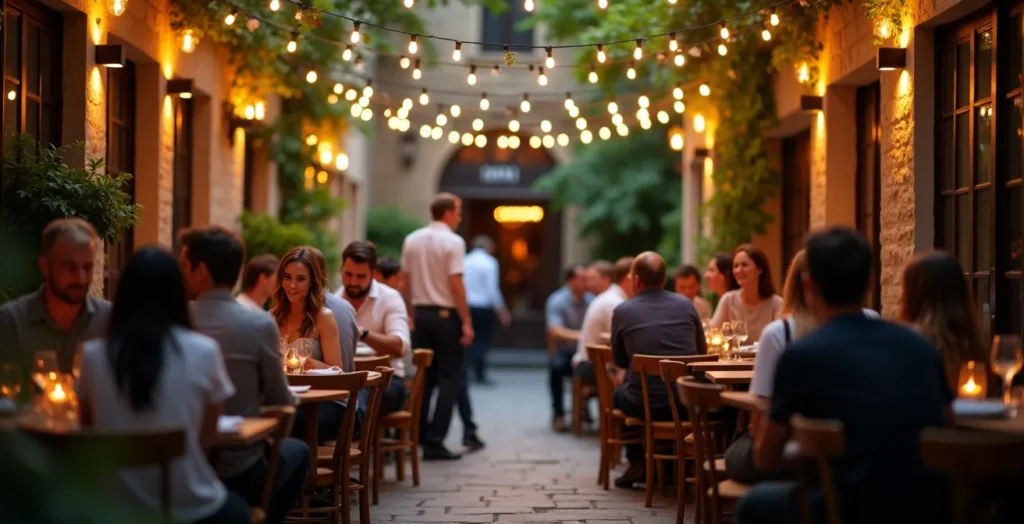 Cour intérieure végétalisée d'un restaurant du Vieux-Montréal avec tables en bois et lumières suspendues créant une ambiance chaleureuse