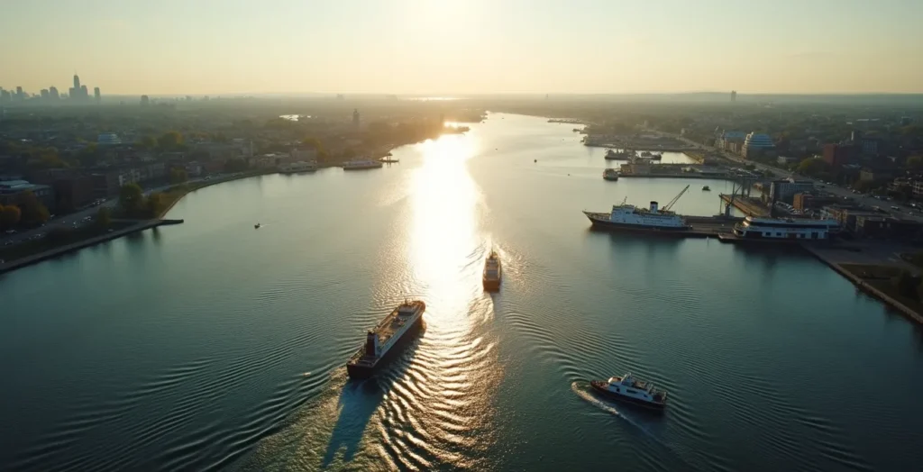 Vue aérienne du Vieux-Port de Montréal avec le fleuve Saint-Laurent, les quais et la silhouette de la ville en arrière-plan