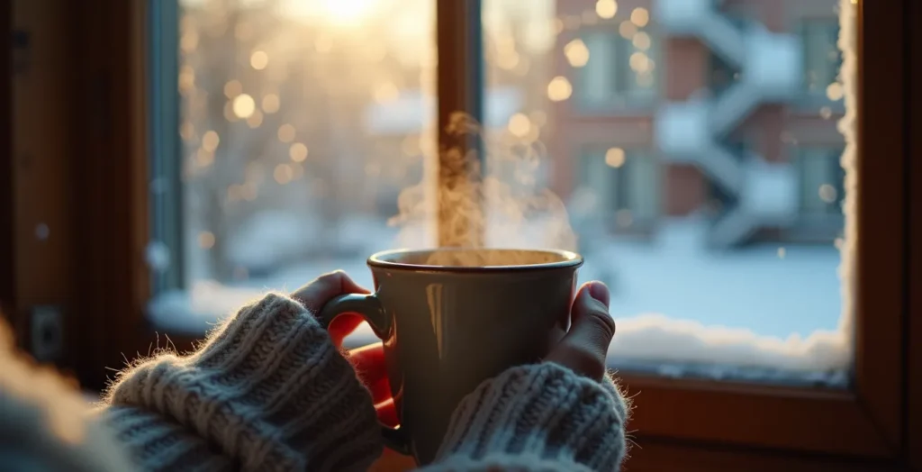 Mains tenant une tasse de café fumante près d'une fenêtre givrée avec vue sur une ruelle enneigée de Montréal Mains tenant une tasse de café fumante près d'une fenêtre givrée avec vue sur une ruelle enneigée de Montréal